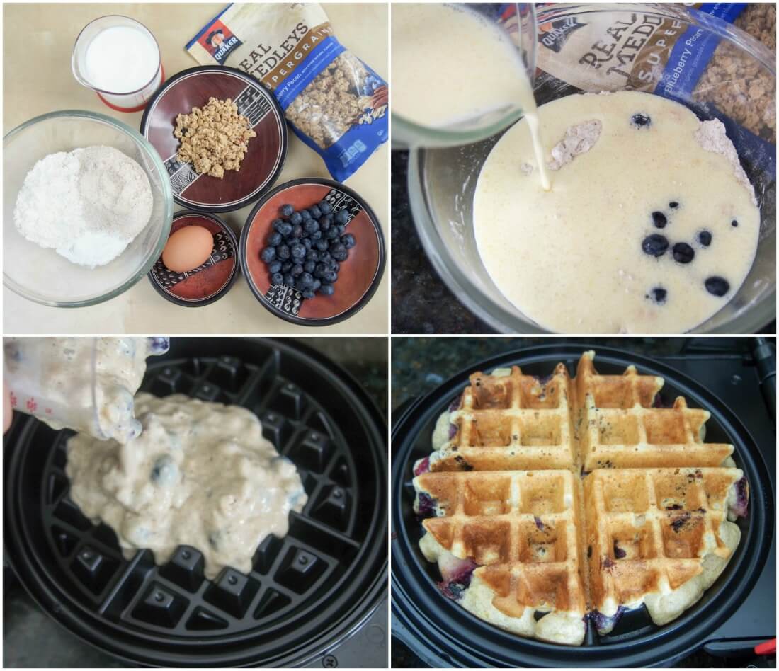 making blueberry granola waffles