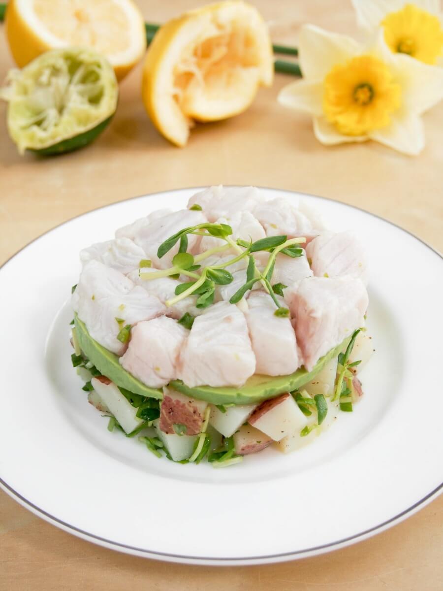 Ceviche with potato and pea shoot salad - easy to make, fresh and delicious Ceviche with potato and pea shoot salad - easy to make, fresh and delicious