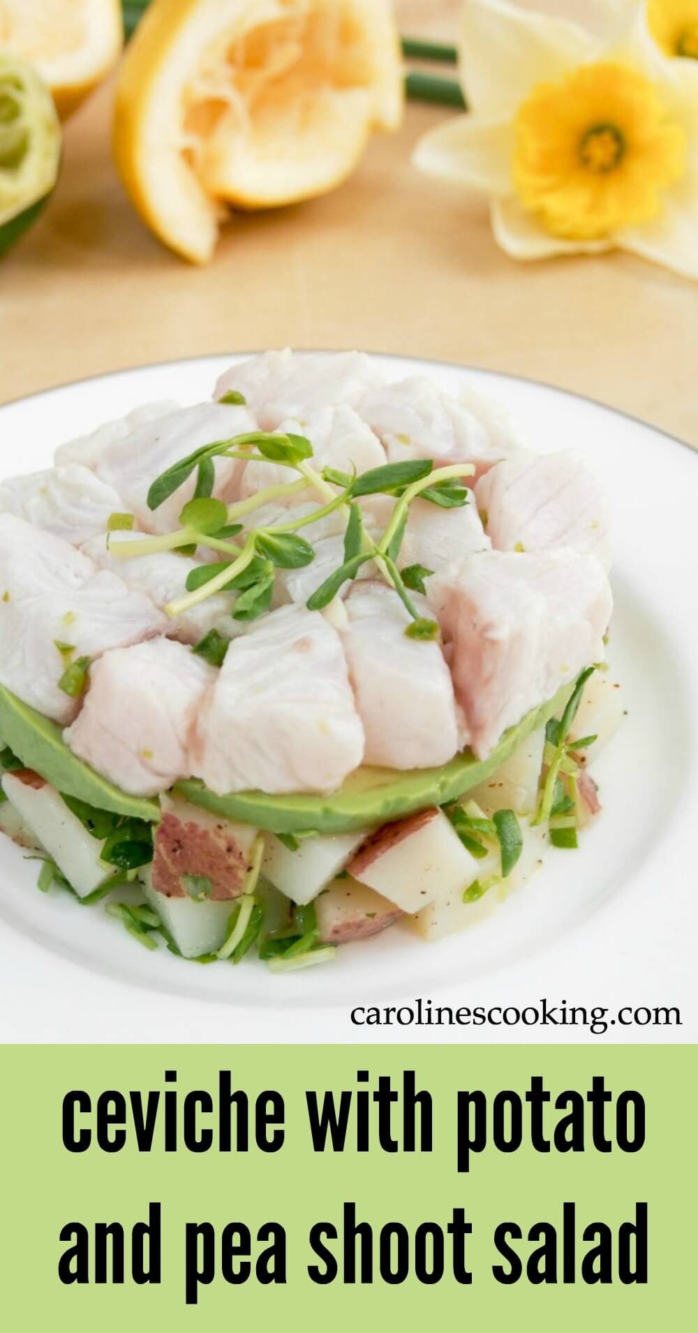This ceviche with potato and pea shoot salad is fresh, healthy and delicious. It's easy to make and makes a great appetizer or lunch. This ceviche with potato and pea shoot salad is fresh, healthy and delicious. It's easy to make and makes a great appetizer or lunch.
