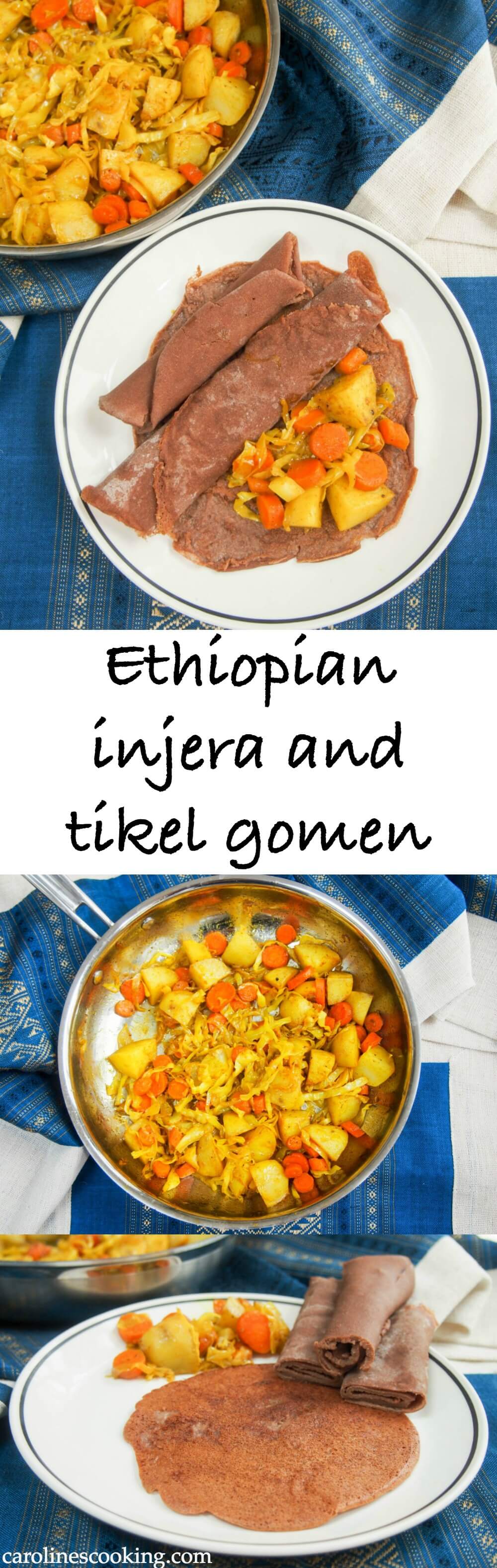 Ethiopian injera and tikel gomen - If you've yet to try Ethiopian food, you really should. Injera (flatbread) is the central to most meals & this tikel gomen (cabbage, carrots & potatoes) is a tasty, easy dish to serve with it. Gluten free and vegan