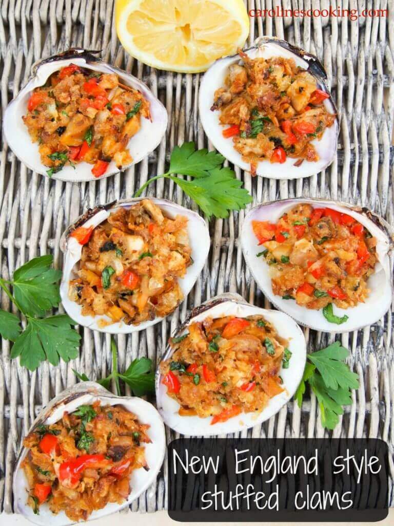 New England style stuffed clams are a delicious appetizer made with steamed clams & seasoned buttered breadcrumbs, baked until crisp on top but moist within. #clams #stuffedclams #appetizer