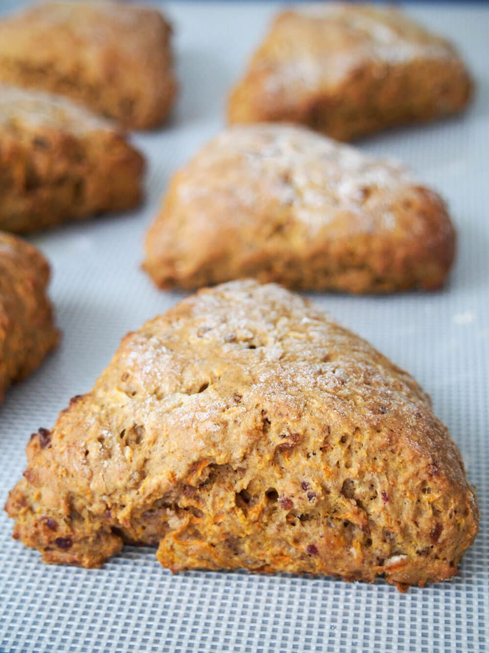 carrot cake scones just out of the oven on silicone mat