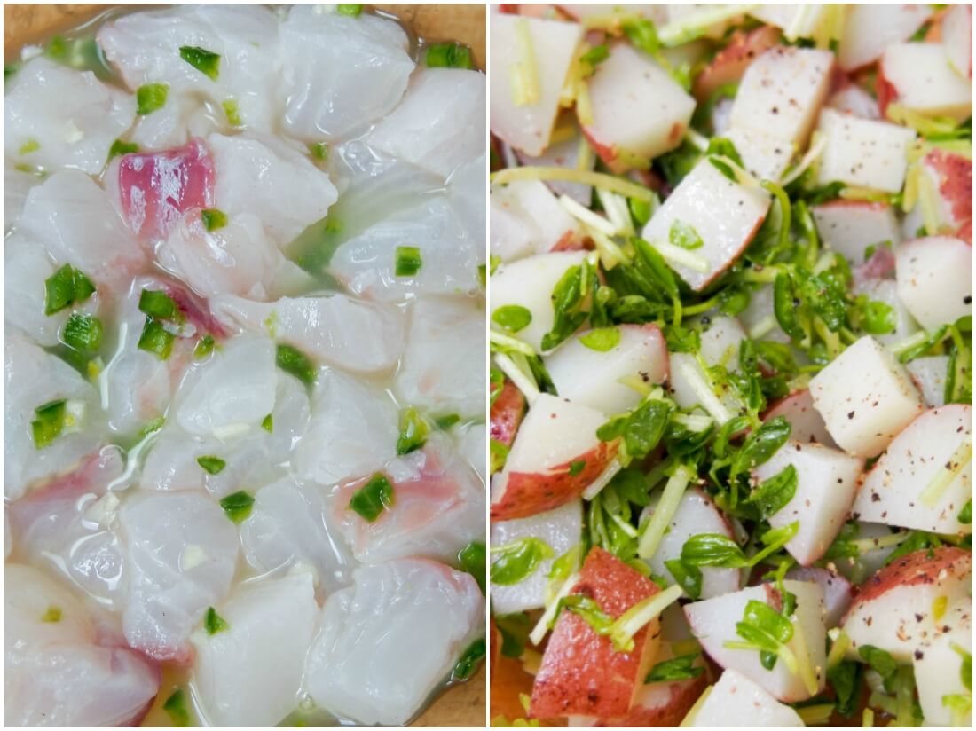 making Ceviche with potato and pea shoot salad