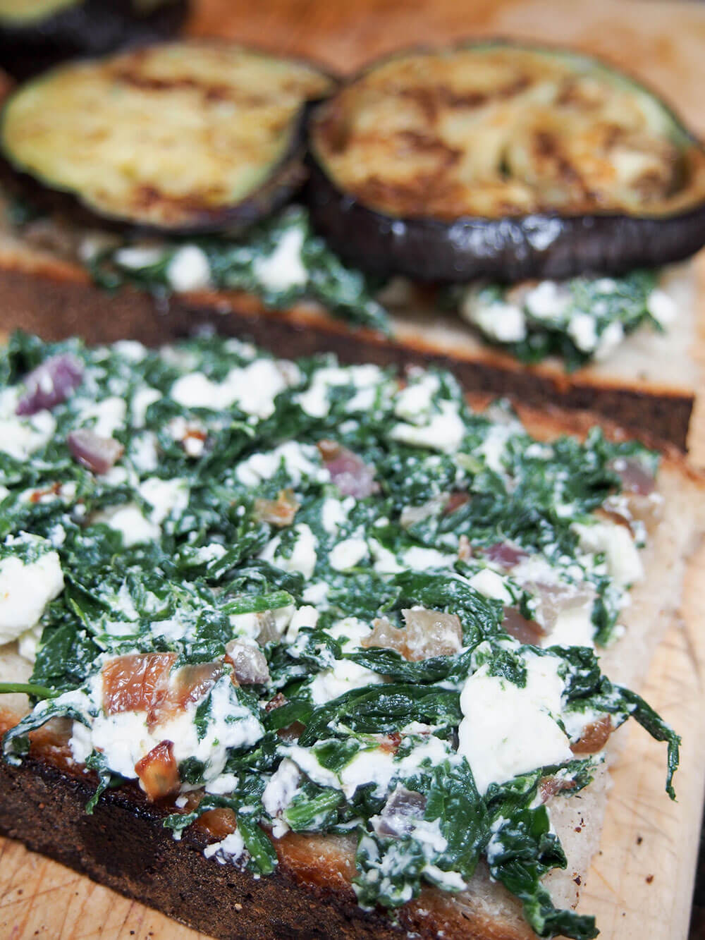 making Eggplant spinach grilled cheese sandwich - adding fillings making Eggplant spinach grilled cheese sandwich - adding fillings