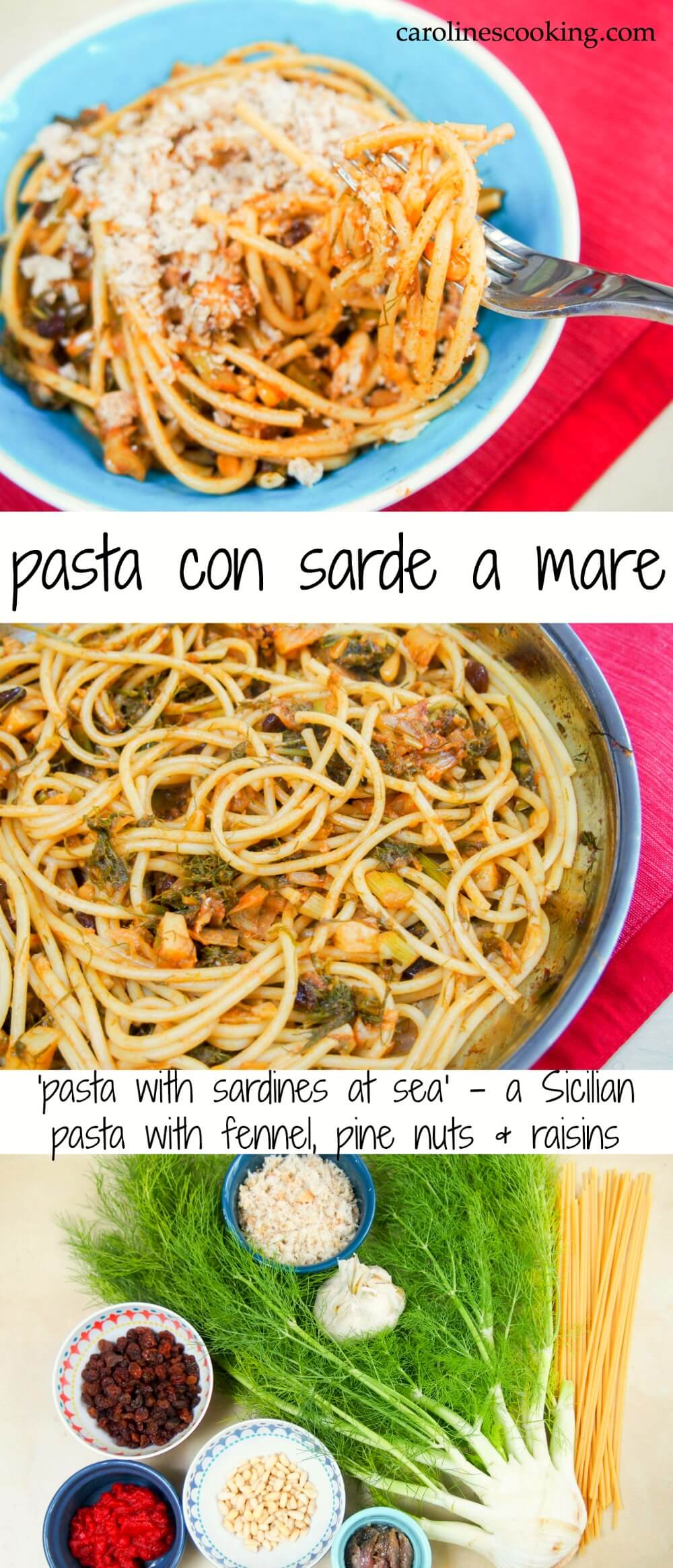 Pasta con sarde a mare - 'pasta with sardines at sea' - Pasta con sarde a mare is a Sicilian dish made with (wild) fennel, pine nuts, raisins & anchovies. So much flavor from such simple ingredients!