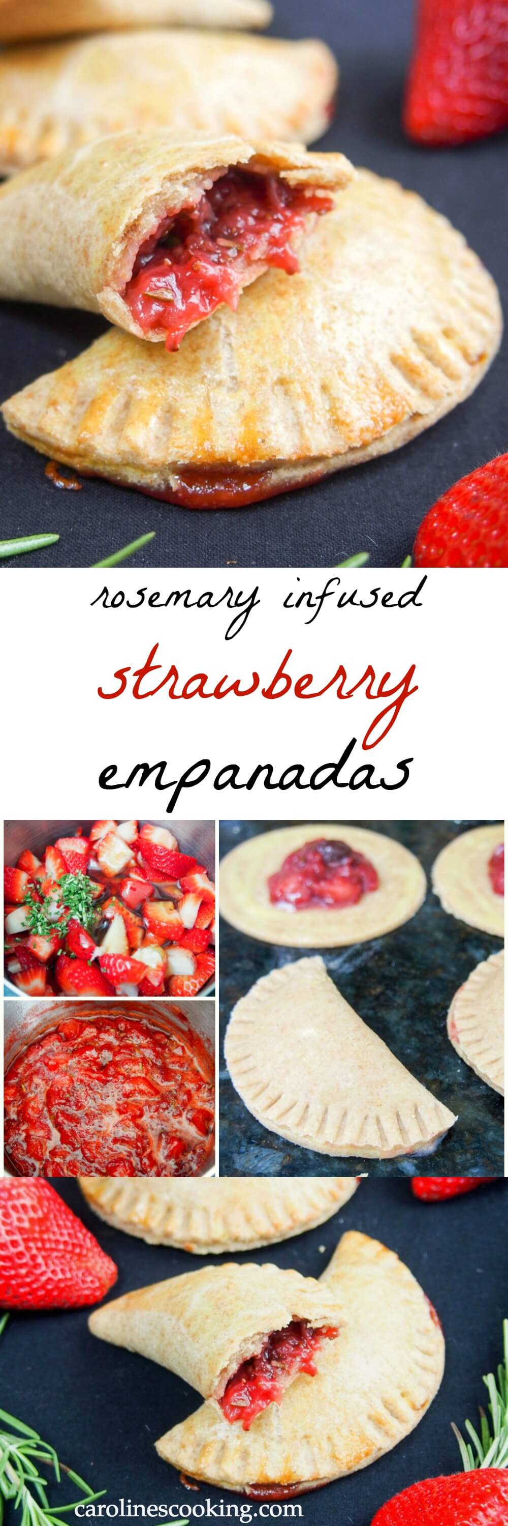 These strawberry empanadas have a fruit filling infused with rosemary, with optional chocolate chips for a delicious sweet treat that's relatively healthy.