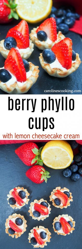 These berry phyllo cups with lemon cheesecake cream take only a few minutes to prepare but are an elegant & delicious mini dessert, perfect for entertaining. And red, white and blue too! #redwhiteandblue #easydessert #fingerfood