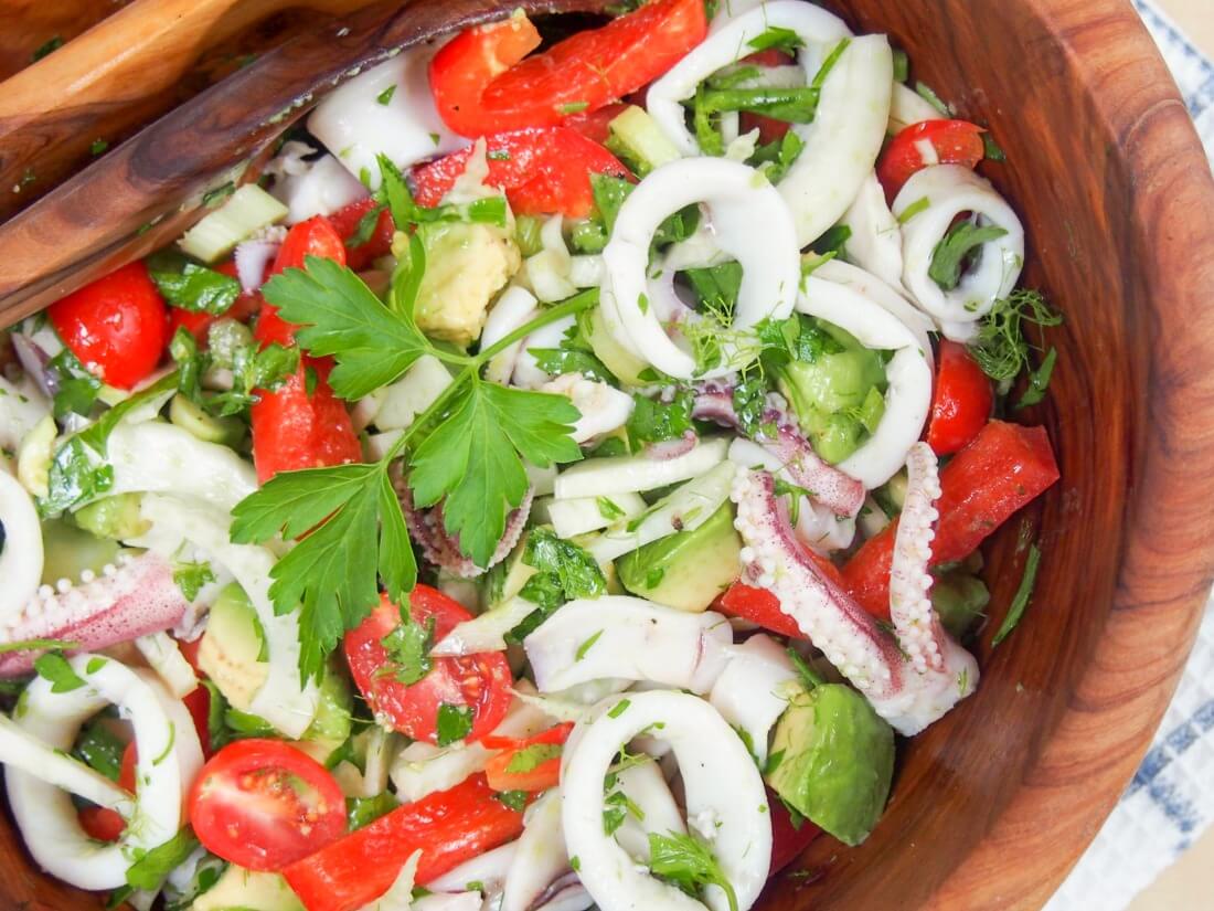 Calamari salad with fennel and avocado
