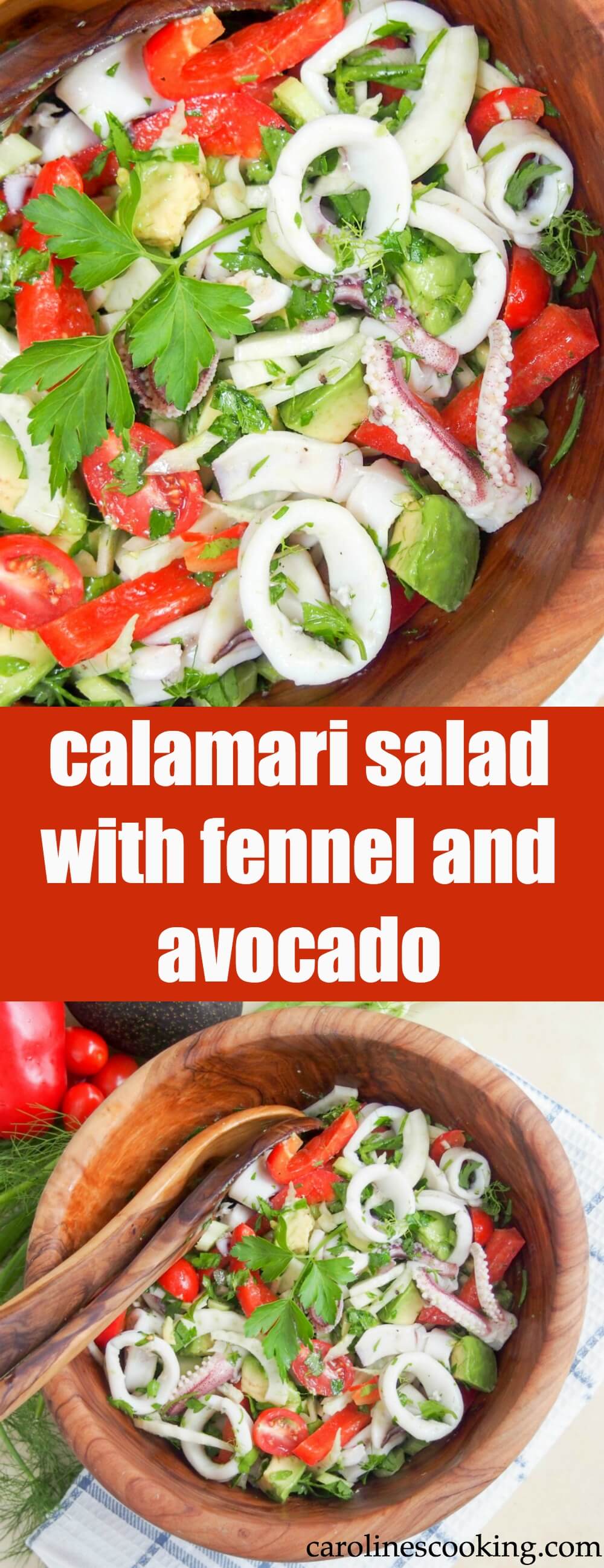 This calamari salad with fennel and avocado is a lovely mix of textures and flavors, all brought together with a citrus dressing. Perfect potluck side or appetizer.