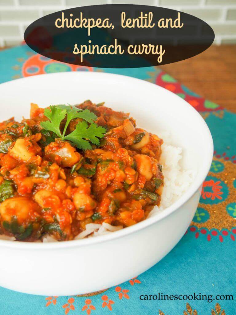 Chickpea, lentil and spinach curry is an easy and flavorsome vegetarian curry - spice it up or just have it fragrant. It's hearty, healthy and delicious. 