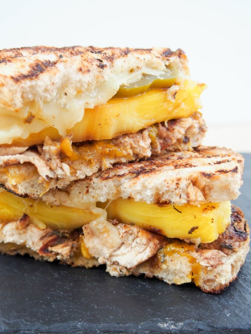 "The Jammin' Jamaican" chicken grilled cheese: This chicken grilled cheese is a delicious sweet spicy mix of Caribbean flavors in sandwich form - a quick mango jam, spiced chicken, grilled pineapple & more. Yum!