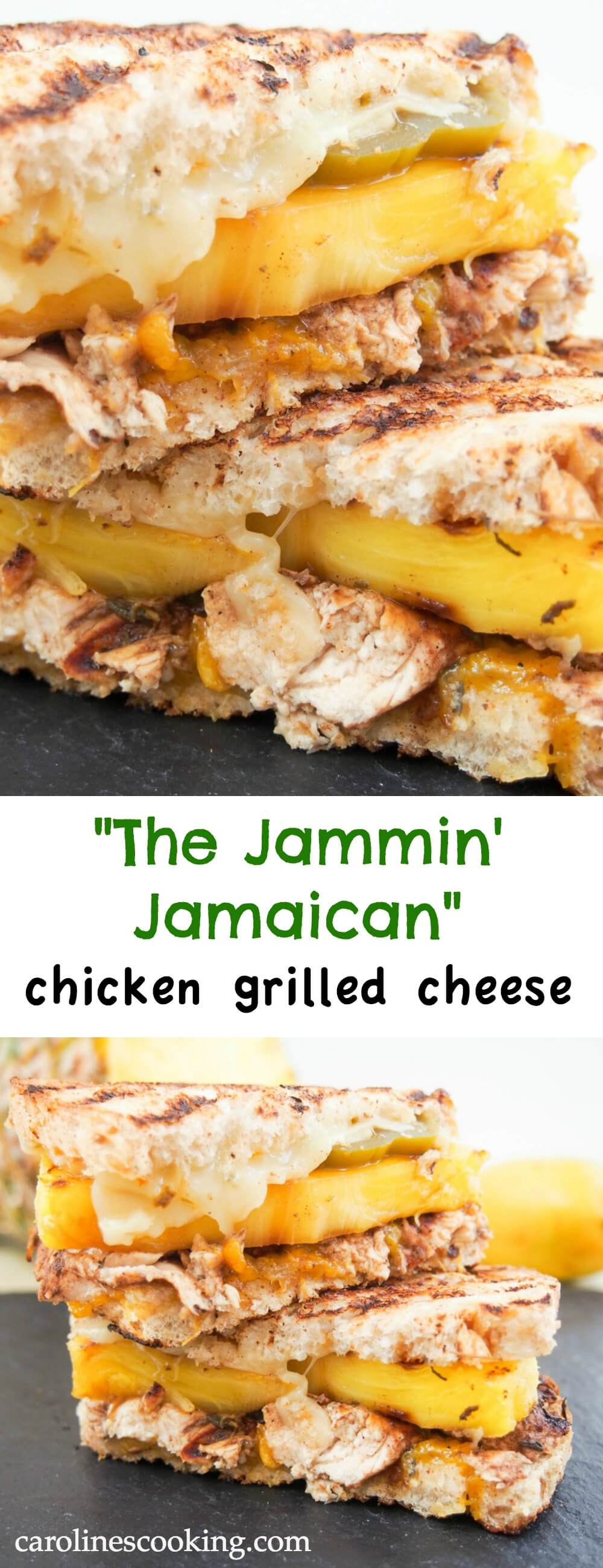 "The Jammin' Jamaican" chicken grilled cheese: This chicken grilled cheese is a delicious sweet spicy mix of Caribbean flavors in sandwich form - a quick mango jam, spiced chicken, grilled pineapple & more. Yum!