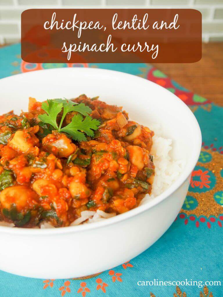 Chickpea, lentil and spinach curry is an easy and flavorsome vegetarian curry - spice it up or just have it fragrant. It's hearty, healthy and delicious. 