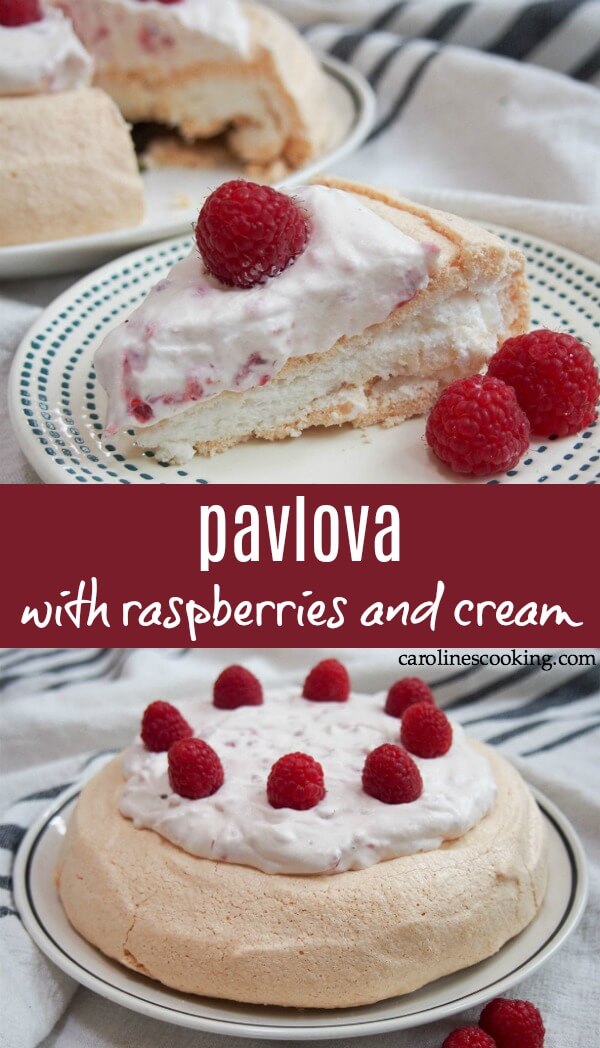 This pavlova has the best of it all - crisp outside, pillowy soft middle and topped with fresh whipped cream and juicy raspberries. Such a great dessert. Naturally gluten free and this recipe is scaled back to be perfect for a smaller group, but without losing that balance of crunch and soft middle. #pavlova #dessert #glutenfreedessert