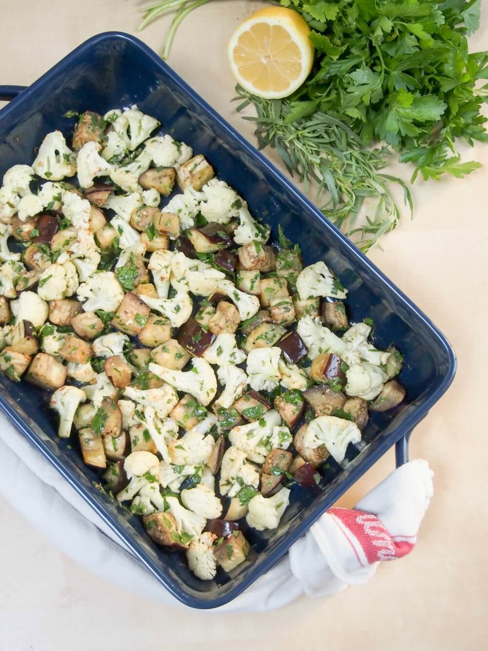 Roasted cauliflower and eggplant salad in baking dish