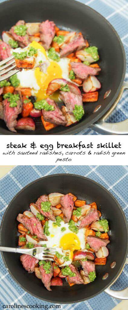 Treat someone to this steak & egg breakfast skillet with sauteed radishes, carrots and radish green pesto - it's a delicious balance of flavors, & easy too.