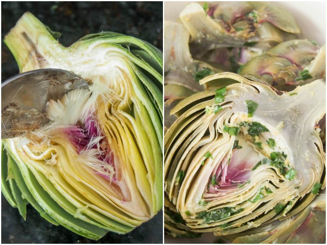 preparing artichokes, removing fuzzy middle and adding marinade