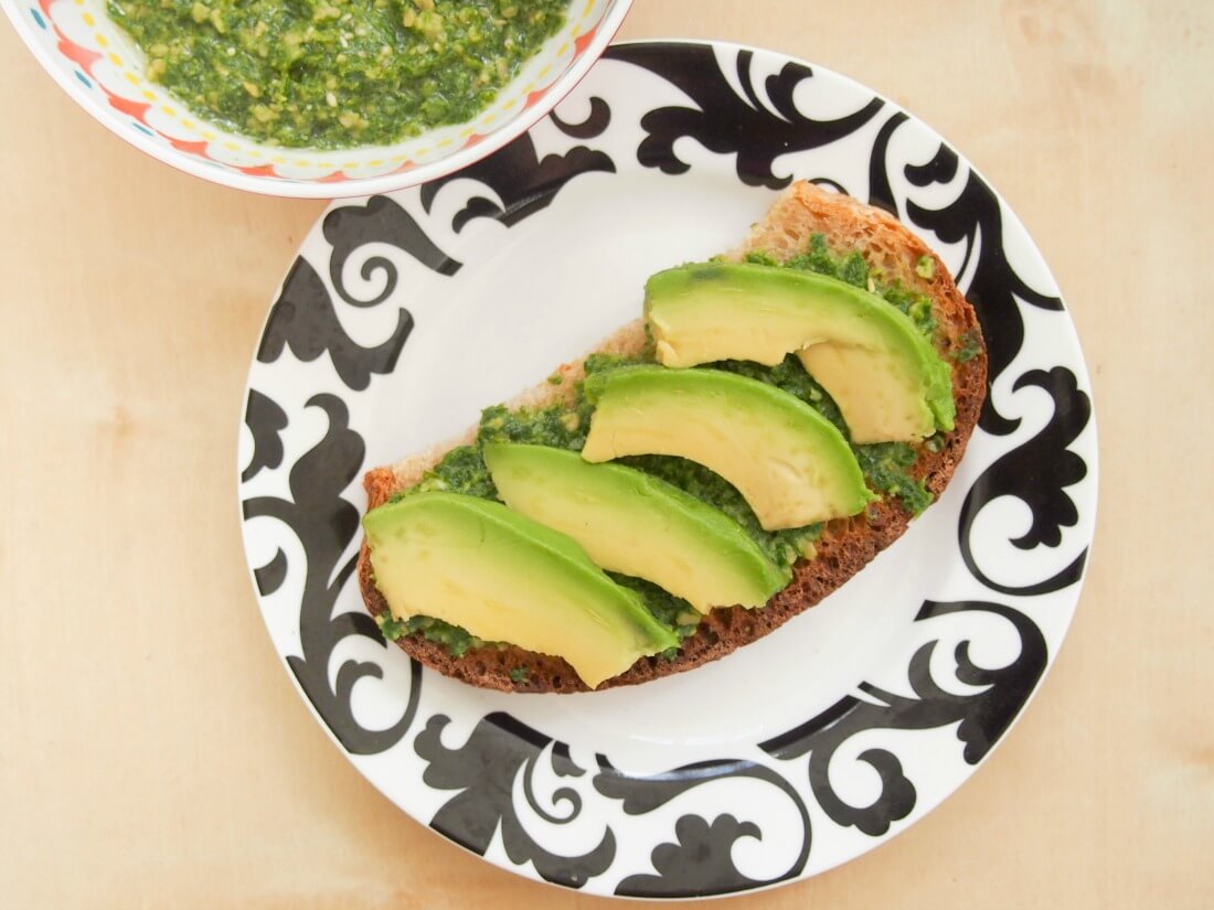 radish green pesto with avocado on toast