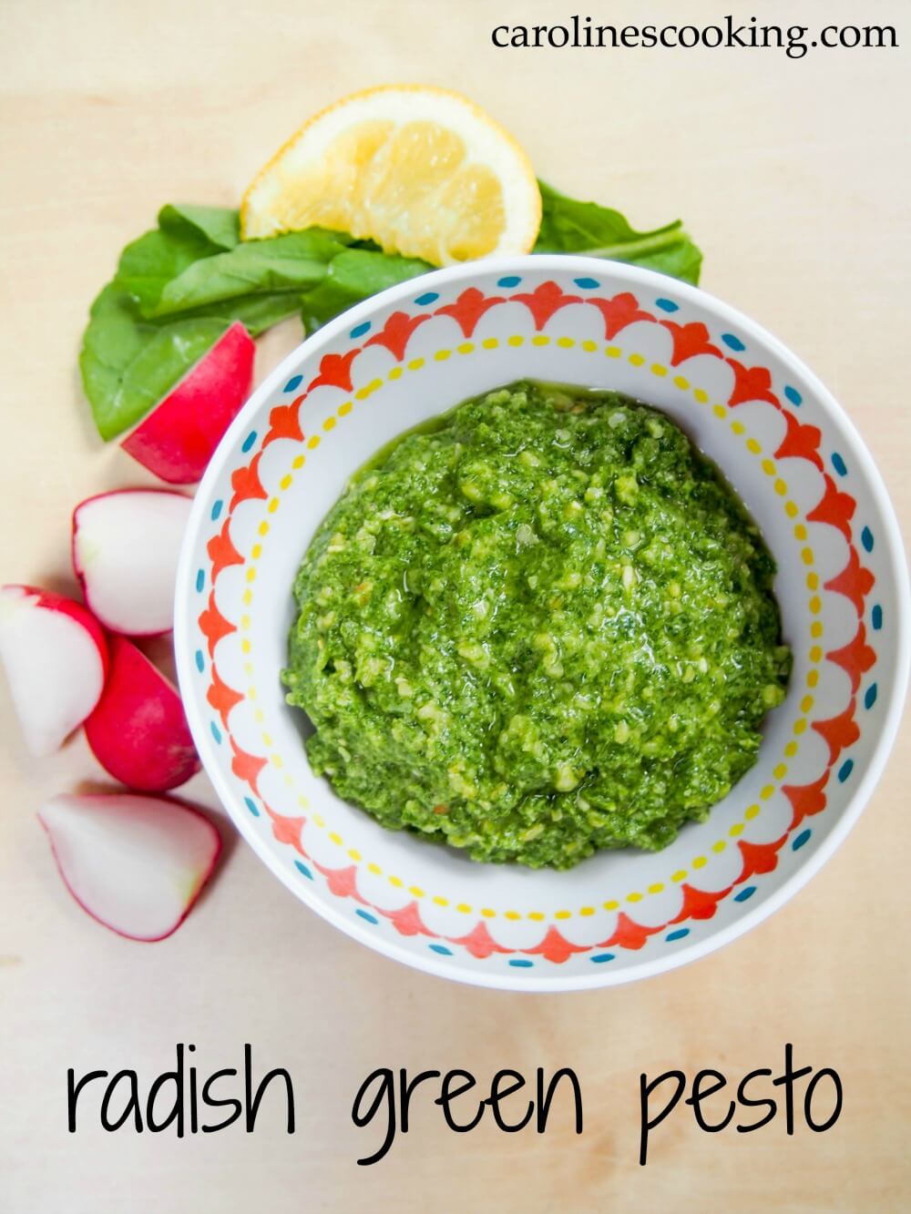 Radish green pesto is a great way to avoid wasting the tops of radishes, making a tasty sauce perfect for pasta, in sandwiches and more. It's vegan too. #pesto #vegan #radishgreens
