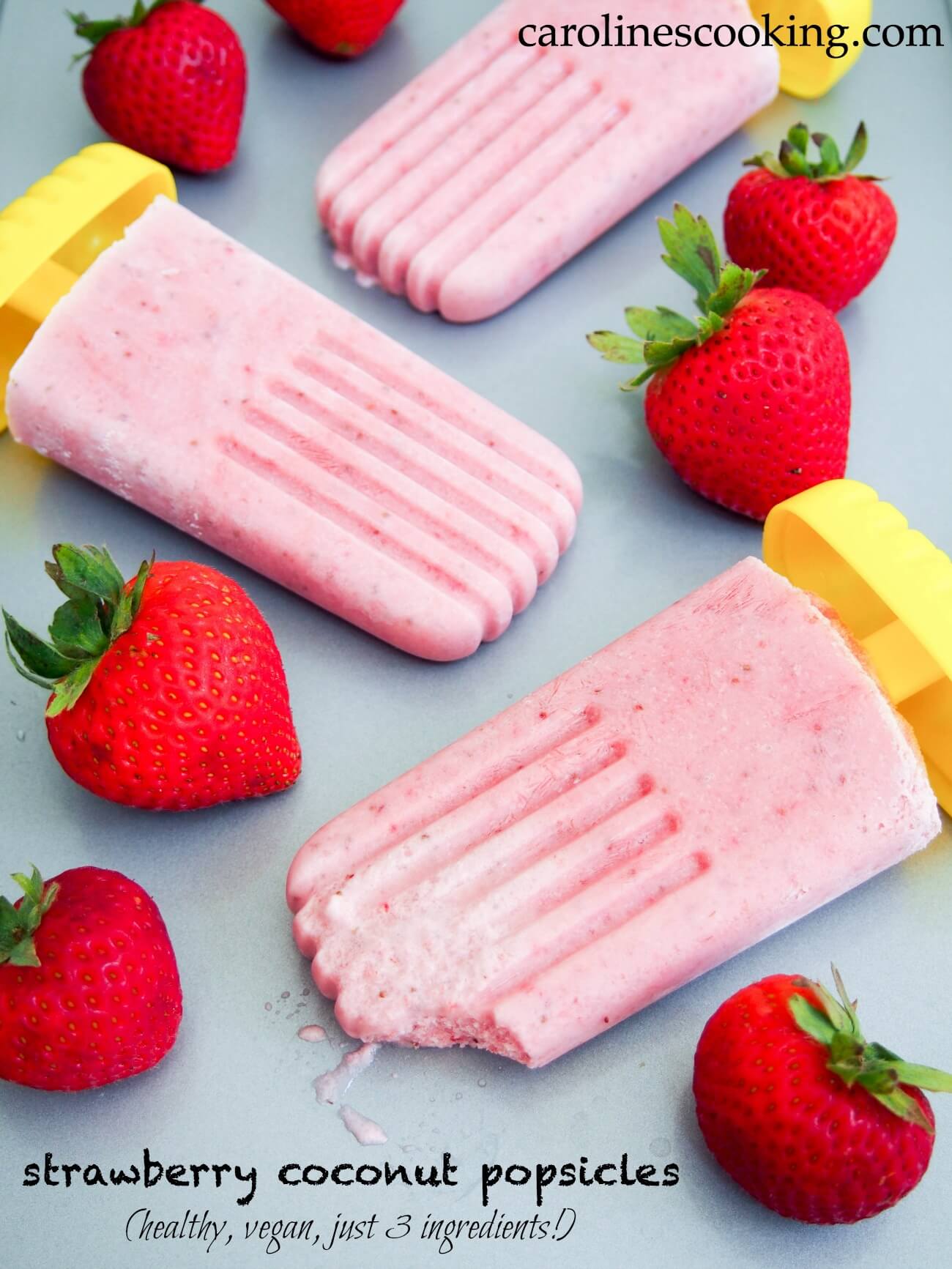 These strawberry coconut popsicles are incredibly easy - just 3 ingredients, whizzed up in the blender. Healthy and vegan, they're creamy smooth & delicious