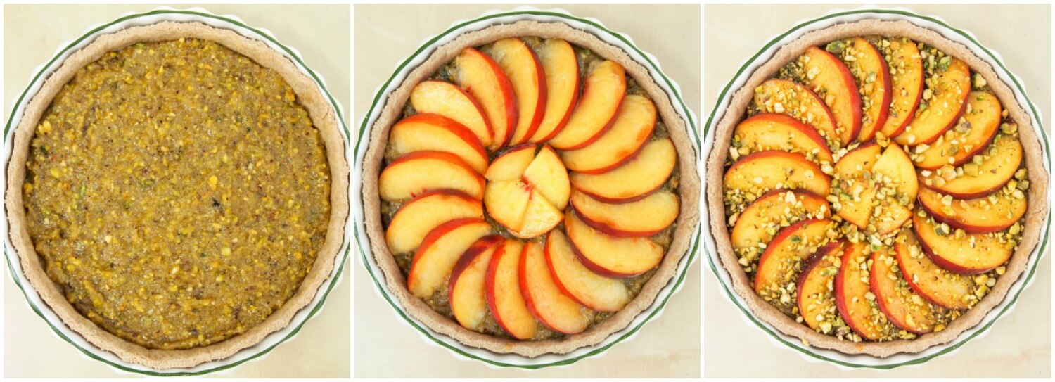 stages adding frangipane, peaches and pistachio topping