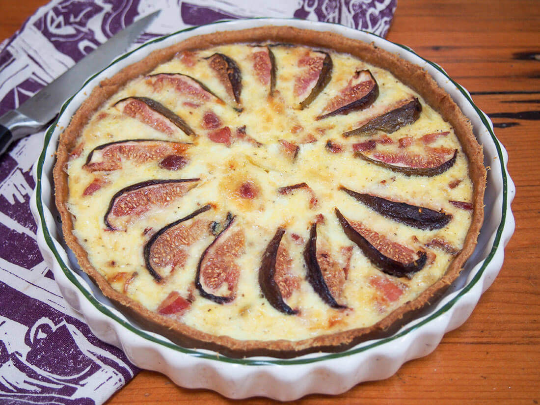 fig, goat's cheese and bacon quiche whole quiche