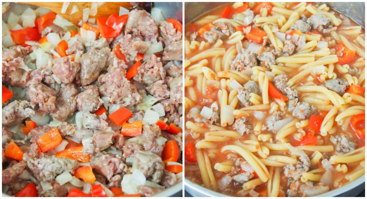 making Spicy sausage pasta skillet