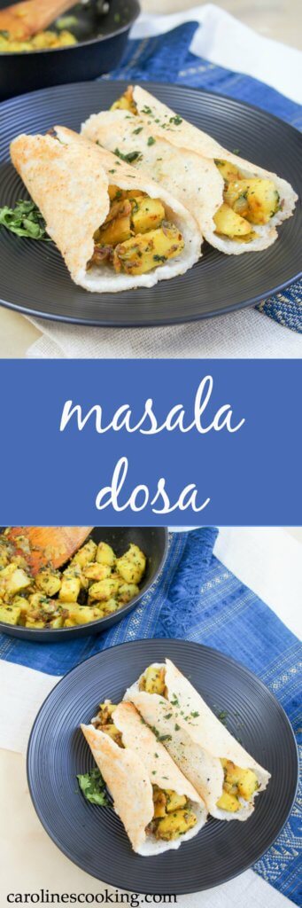masala dosa is a traditional South Indian savory pancake with a spiced potato filling. Light and crisp, they're a delicious snack or lunch. Gluten free, vegetarian & vegan.