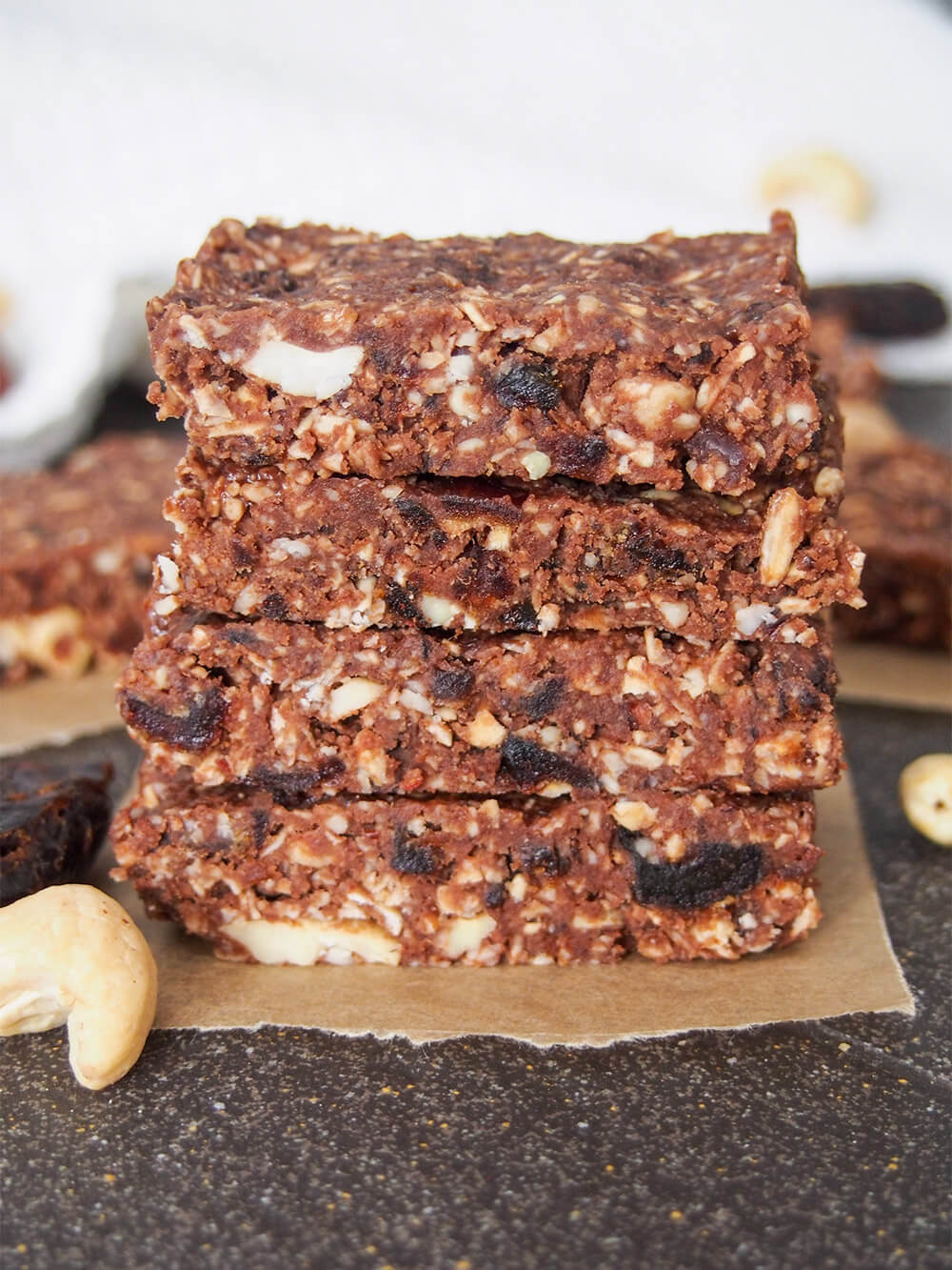 stack of no bake chocolate cashew bars