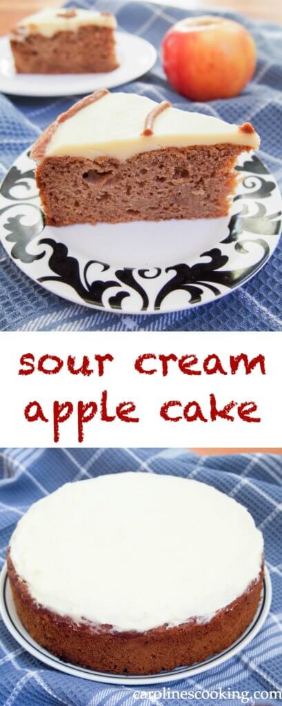 sour cream apple cake - wonderfully moist, with a slightly spiced flavor but a healthier cake than many being low in sugar and fat. Perfect for any occasion