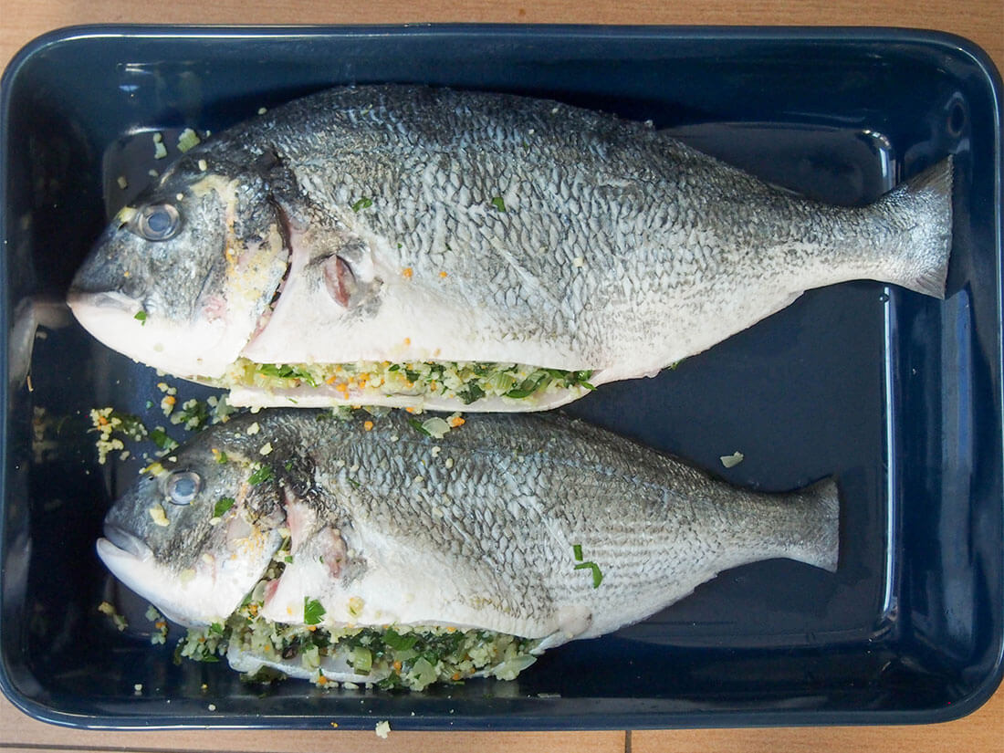 chard couscous stuffed fish ready to bake