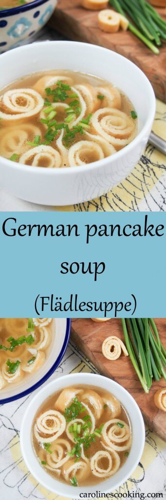 German pancake soup (Flädlesuppe) is a simple combination of broth with pancake 'noodles' that's tasty, comforting and a great cold-buster! #pancakesoup #broth #soup #germanfood #oktoberfest