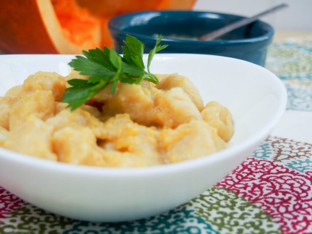 Double pumpkin gnocchi: pumpkin gnocchi served with a gently spiced, smooth pumpkin sauce. Comforting, flavorful, a delicious taste of fall.