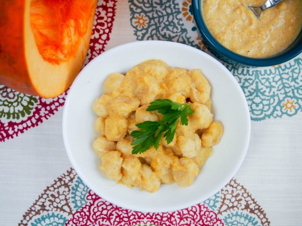 Double pumpkin gnocchi: pumpkin gnocchi served with a gently spiced, smooth pumpkin sauce. Comforting, flavorful, a delicious taste of fall.