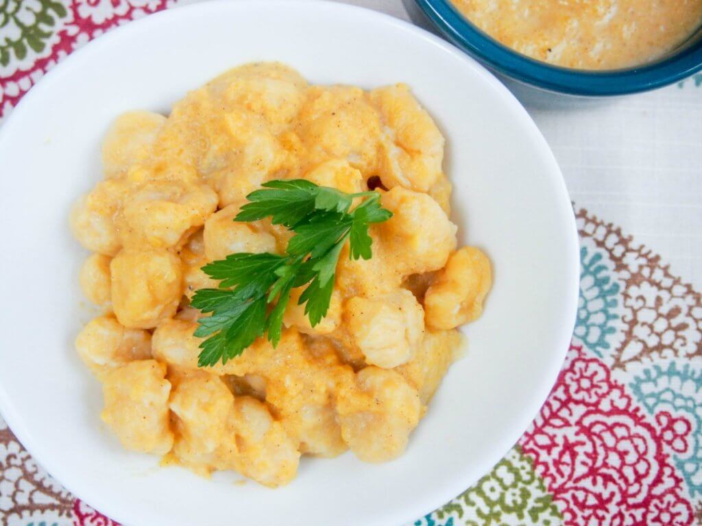 Double pumpkin gnocchi: pumpkin gnocchi served with a gently spiced, smooth pumpkin sauce. Comforting, flavorful, a delicious taste of fall.
