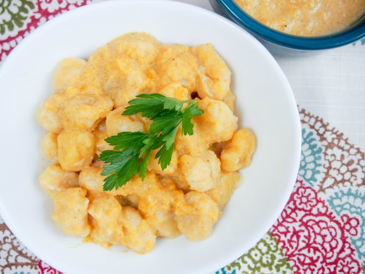 Double pumpkin gnocchi: pumpkin gnocchi served with a gently spiced, smooth pumpkin sauce. Comforting, flavorful, a delicious taste of fall.