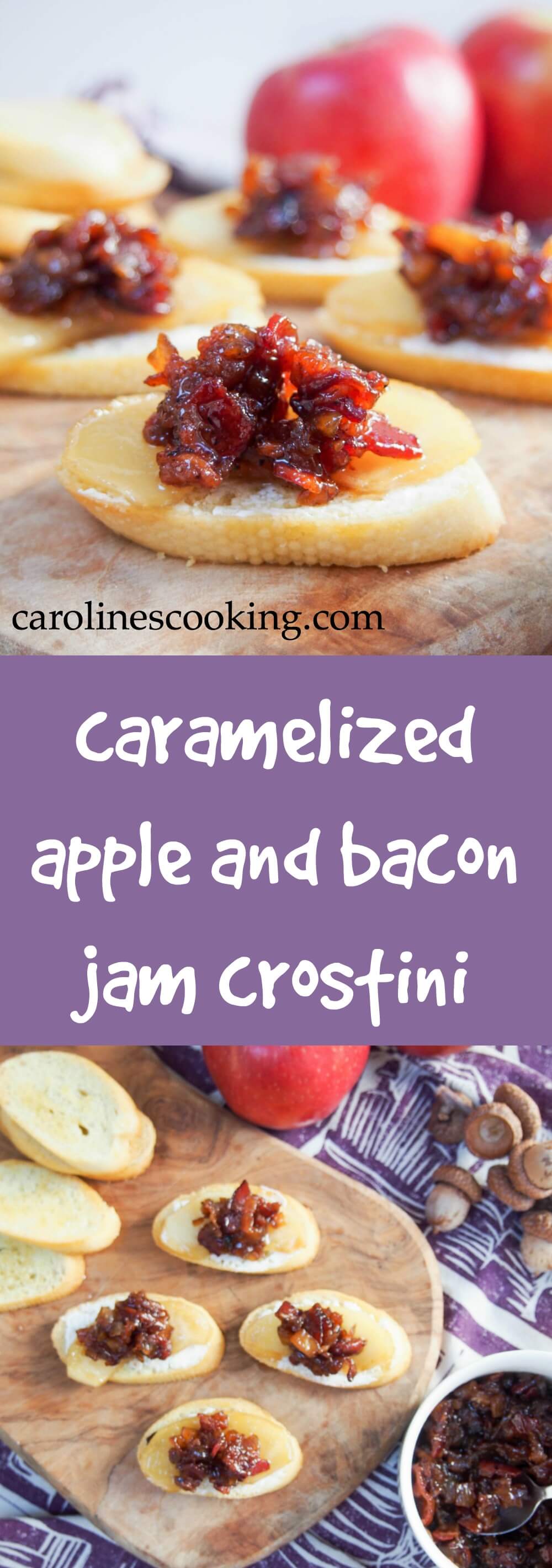These caramelized apple and bacon jam crostini are a delicious sweet-savory mix, easy to prepare largely in advance and sure to be a hit with guests.