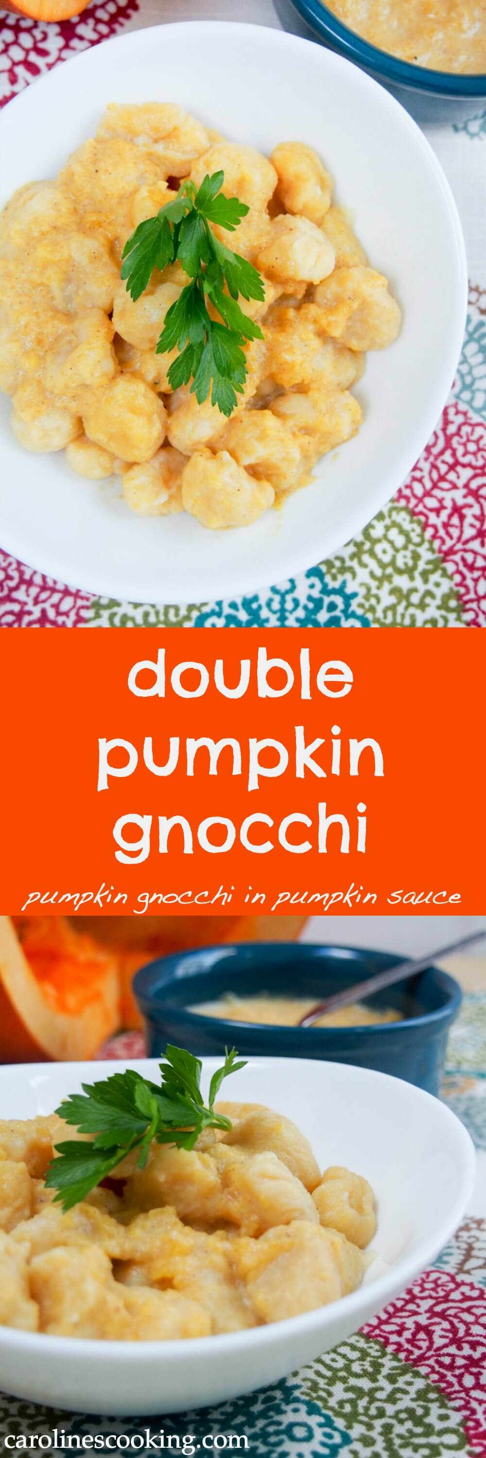 Double pumpkin gnocchi: pumpkin gnocchi served with a gently spiced, smooth pumpkin sauce. Comforting, flavorful, a delicious taste of fall.