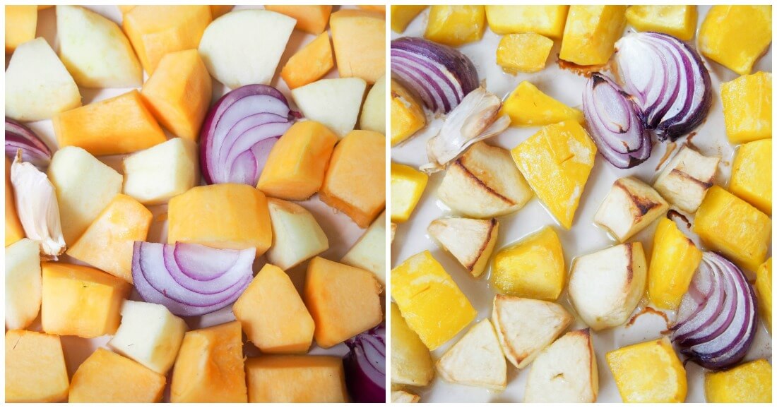 acorn squash, apple and onion before and after roasting