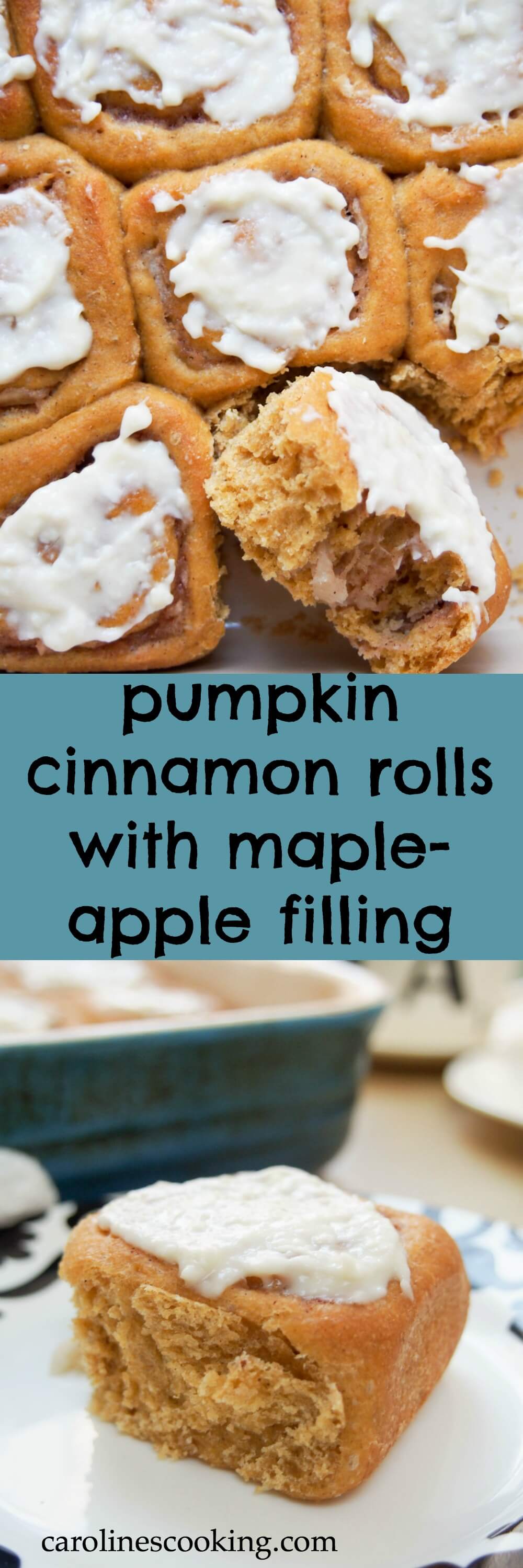 Pumpkin cinnamon rolls with maple-apple filling - a healthier and very fall-inspired version of the classic treat, made with wholewheat flour and no refined sugar, but so delicious!