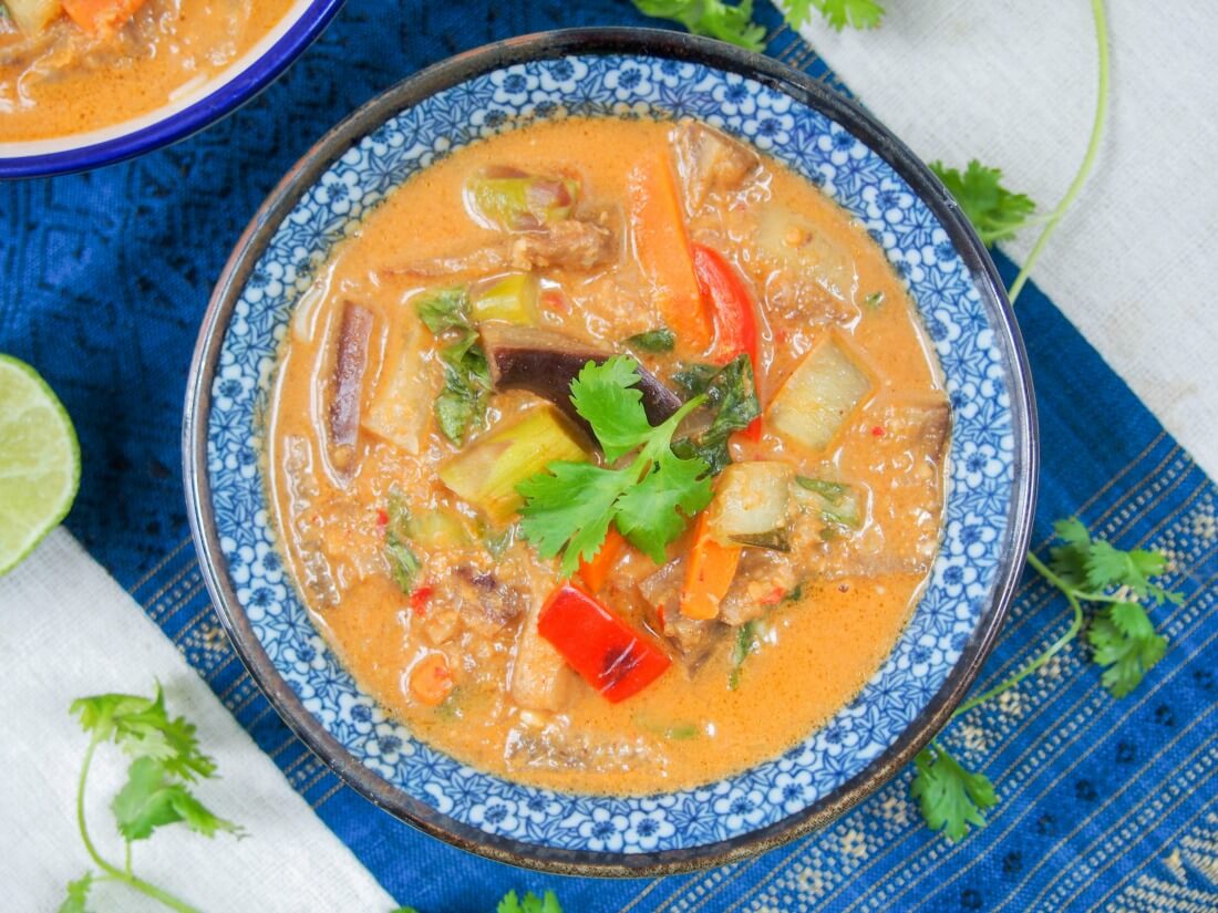 Vegetarian Thai red curry - an easy vegan curry from scratch that's full of veggies, creamy coconut and spicy flavor.