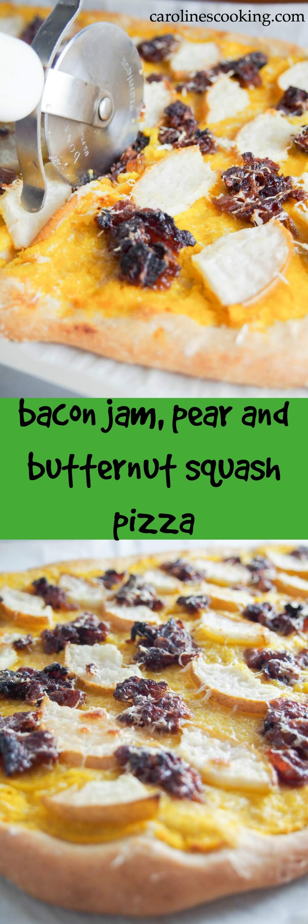 This bacon jam, pear & butternut squash pizza is a thoroughly fall-flavored pizza. With a roast squash base, bacon jam, pear & pecorino on top. So good!