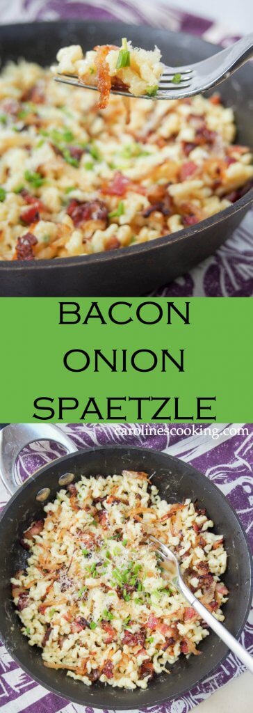 Bacon onion spaetzle in a simple but delicious combination of spaetzle (or other small pasta), bacon, caramelized onions and cheese. Perfect comfort food, it makes a delicious lunch. 