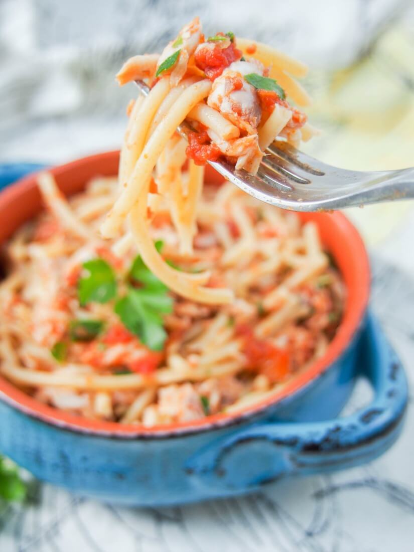 Fish ragu pasta is a tasty, simple combination of a tomato and fish-based sauce over pasta. Vary the fish for a fuller or fresher flavor, but all delicious.