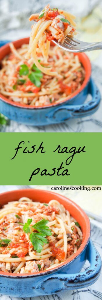 Fish ragu pasta is a tasty, simple combination of a tomato and fish-based sauce over pasta. Vary the fish for a fuller or fresher flavor, but all delicious.
