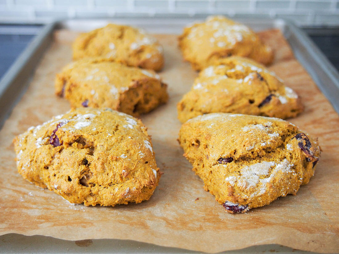 Healthy pumpkin scones just out of the oven on baking sheet