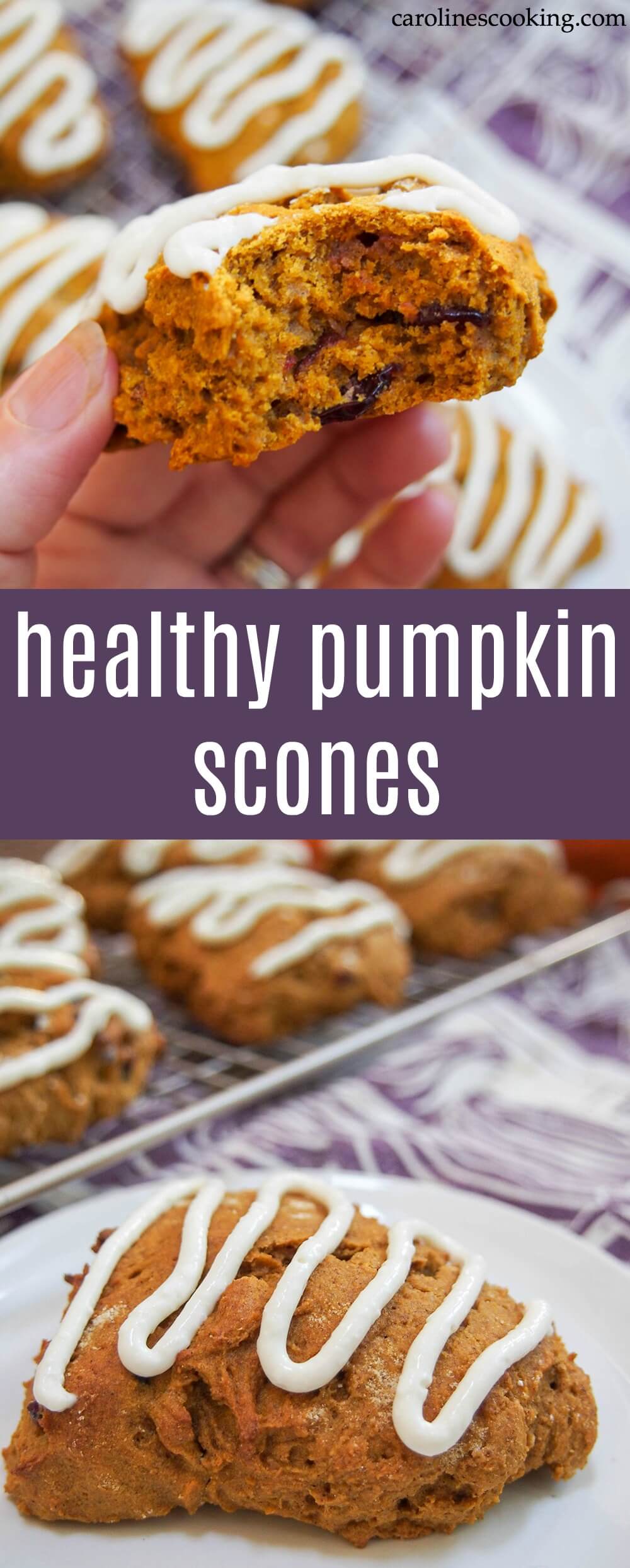 These healthy pumpkin scones are wonderfully moist, gently spiced and sweet but so much better for you than your average scone. How could you go wrong?! The warm spices are a delicious taste of fall. A great easy baked treat. #pumpkin #baking #scone