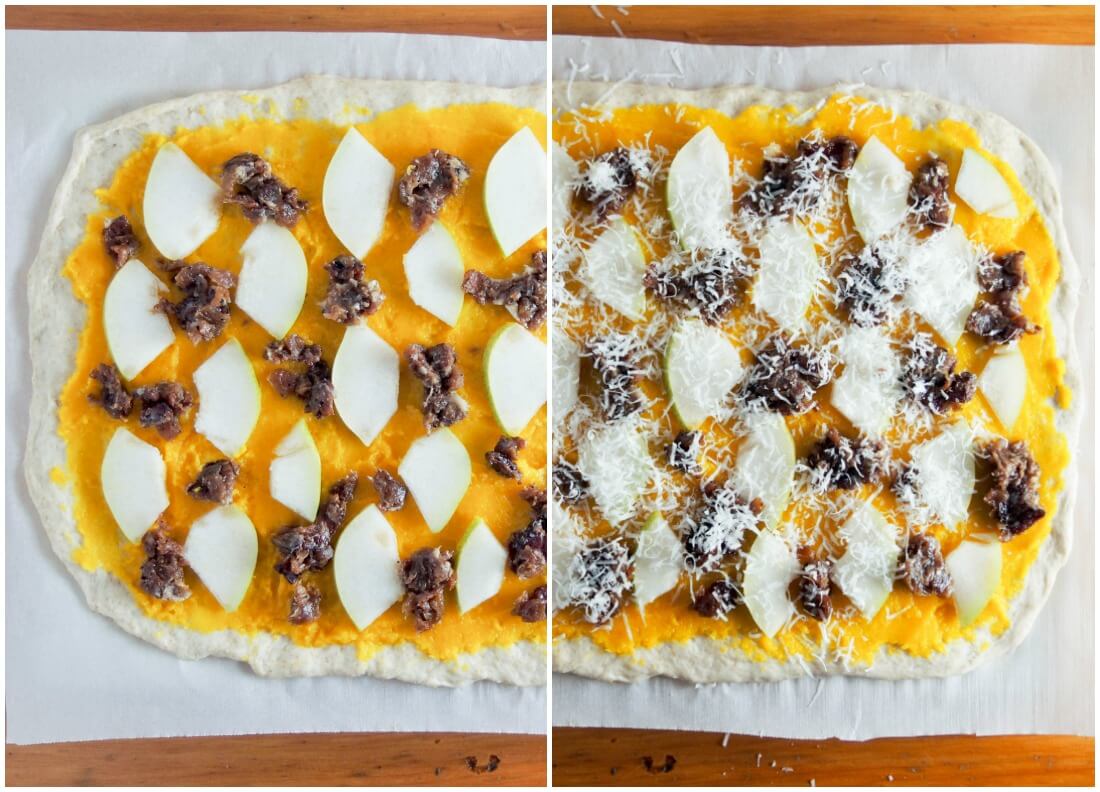 making bacon jam, pear and butternut squash pizza