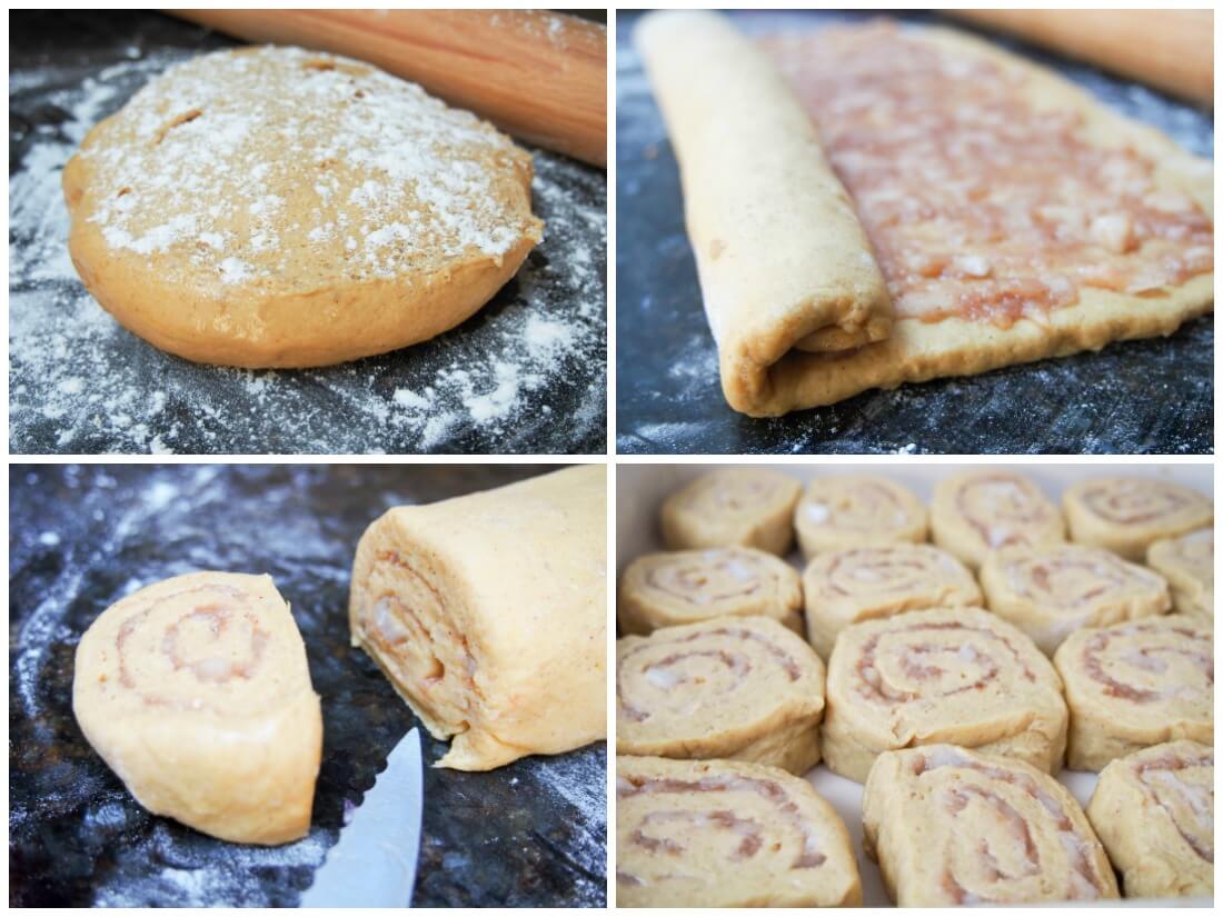 making pumpkin cinnamon rolls with maple-apple filling