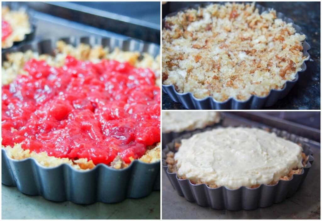 stages making tart - crumb base, adding cranberry sauce then cheese mixture